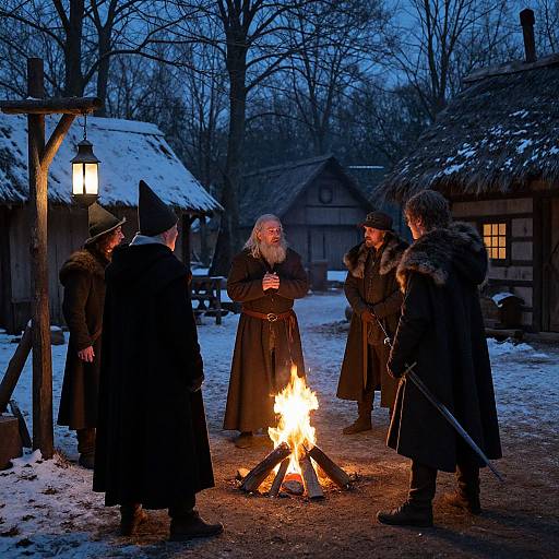Medieval Witchhunters Around Firelight