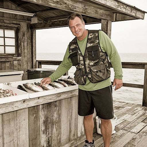 Photograph of a smiling middle-aged man with short brown hair, wearing a camouflage vest, green long-sleeve shirt, and black shorts, standing