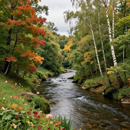 Cubist Scenic River Between Hills