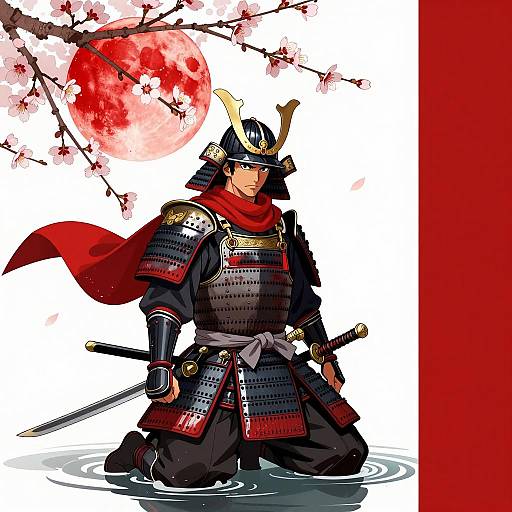 Kneeling Samurai with Red Moon and Cherry Blossoms
