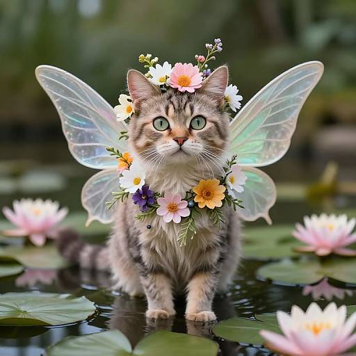 Photograph of a tabby kitten with green eyes, wearing a floral crown and transparent fairy wings, standing in a pond with pink water lilies.