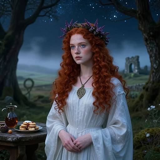 Photograph-style digital artwork of a fair-skinned, red-haired woman with a floral crown, wearing a white dress, standing in a moonlit forest