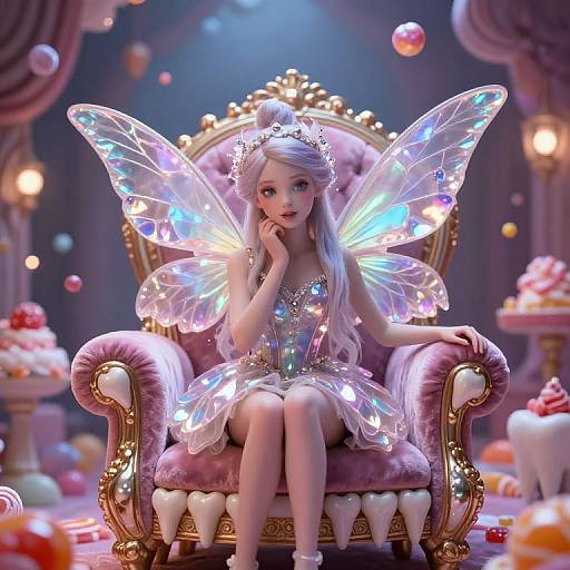 Digital artwork of a fairy princess with glowing wings, sitting on an ornate purple throne, surrounded by colorful candies and sweets.
