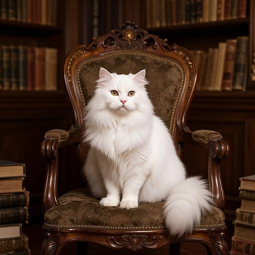 Photograph of a fluffy white long-haired cat sitting on an ornate wooden armchair in a library, surrounded by stacked books.