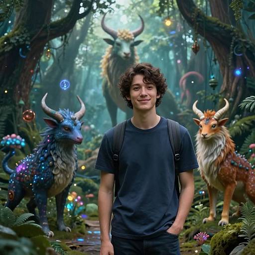 Photorealistic CGI: Curly-haired young man in black t-shirt and backpack stands between two glowing, horned, mythical creatures in enchanted forest.