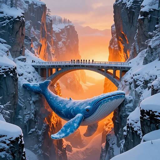 Digital artwork: A massive blue whale swims beneath a snowy, mountainous bridge with a group of people silhouetted against a vibrant orange sunset.