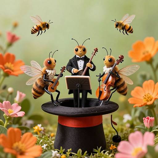 Photograph of three cartoon bees in black tuxedos playing violin and cello, standing on a black top hat, with two bees flying above