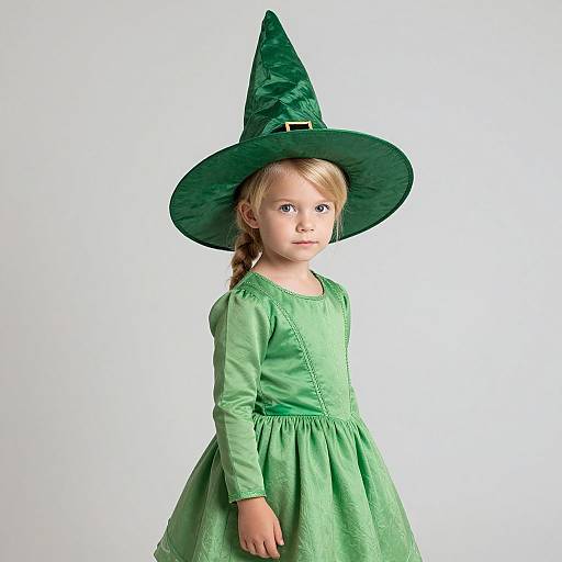 Photograph of a young blonde girl with blue eyes, wearing a green witch hat and dress, standing against a white background.