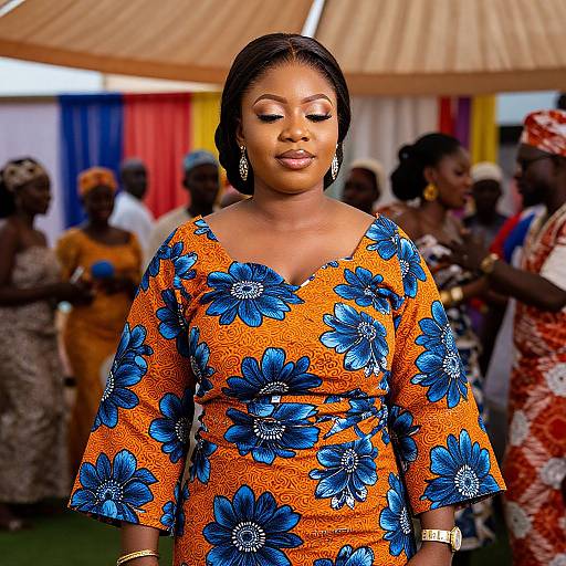 Photograph of a confident Black woman with dark skin wearing an orange floral dress with blue flowers, standing in a colorful, outdoor social gathering with other people