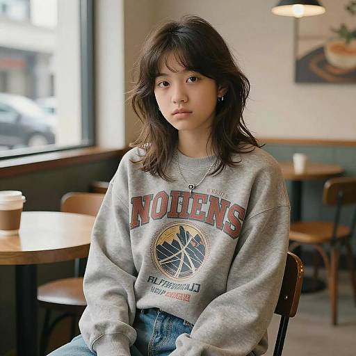 Photograph of an Asian teenage girl with wavy black hair, wearing a gray 