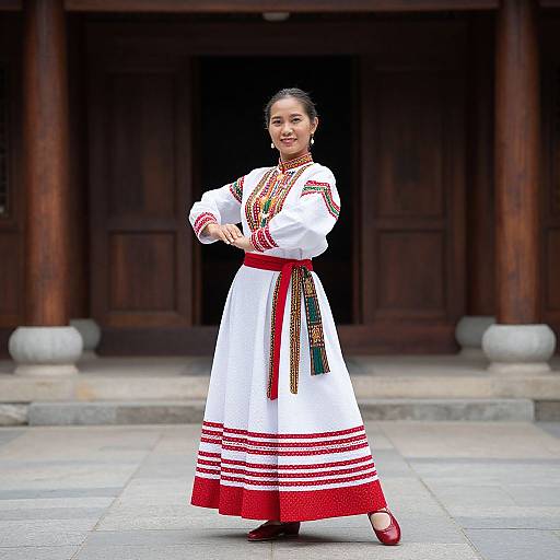 Photograph of a smiling Asian woman in a traditional white Korean hanbok with red and gold embroidery, standing in front of a wooden building.