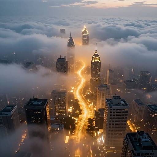 Aerial photograph of a cityscape at dusk, with towering skyscrapers enveloped in clouds, illuminated by bright orange streetlights.