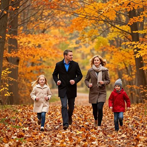 Photograph of a family of four jogging on a leaf-covered autumn path with vibrant orange and yellow trees in the background.