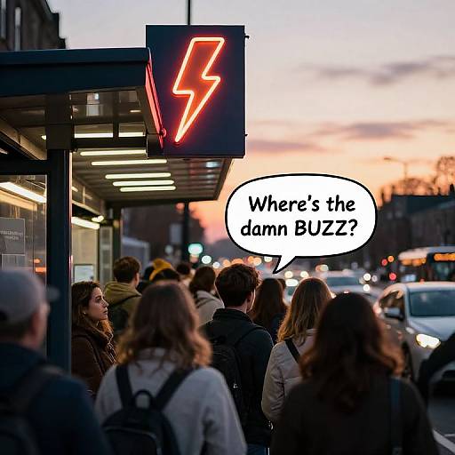 Photograph of a crowded bus stop at sunset, neon lightning bolt sign, speech bubble reads 