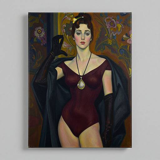 Digital painting of a fair-skinned woman with dark hair in an updo, wearing a maroon leotard, black gloves, and a large