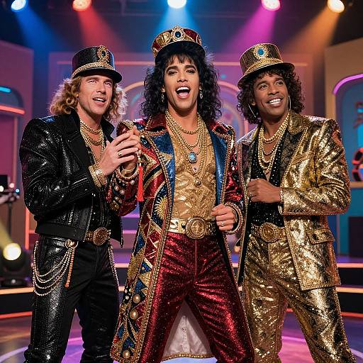 Photograph of three male performers on stage wearing elaborate, colorful costumes with hats, sequins, and jewelry, singing into a microphone under vibrant stage lights