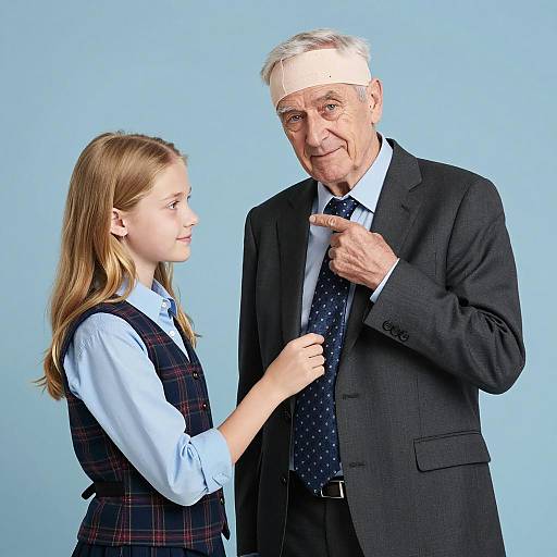 Senior Man with Head Bandage and Young Girl Adjusting Tie