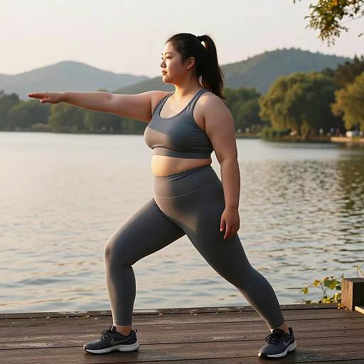Curvy Woman Stretching by Serene Lake