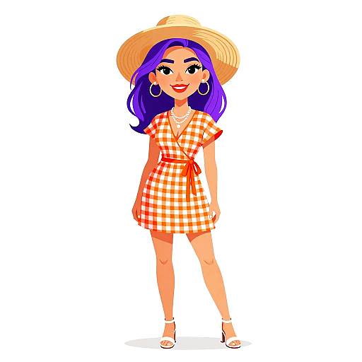 Digital illustration of a smiling woman with purple hair, wearing a straw hat, orange checkered dress, hoop earrings, and white sandals.