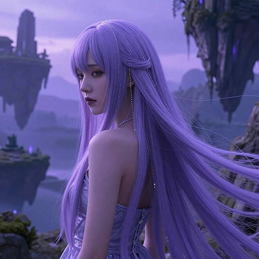 Digital artwork of an ethereal, purple-haired woman with long, flowing hair, wearing a strapless dress, set against a mystical, floating island landscape