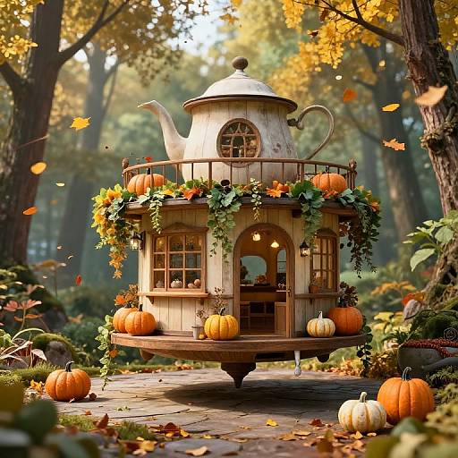 Whimsical wooden teapot house adorned with pumpkins, orange and yellow autumn leaves, and green vines, standing on a stone path in a sun
