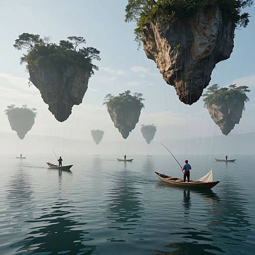 Surreal Fishermen Beneath Floating Islands