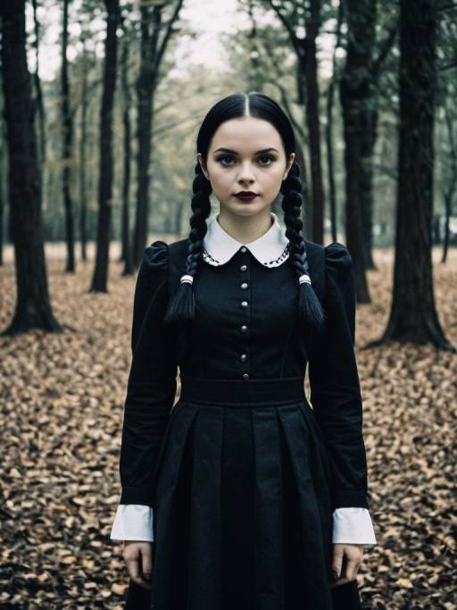 Woman in Wednesday Addams Costume in Forest