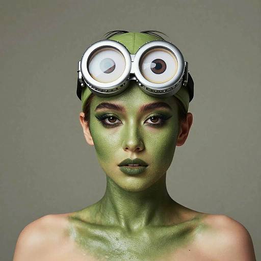 Digital artwork of a green-skinned woman with large, glowing goggles on her head, bare shoulders, and intense gaze, against a gray background.