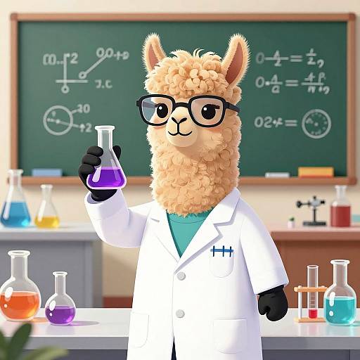 Digital art of a fluffy llama in a white lab coat, black-rimmed glasses, holding a purple beaker, standing in a chemistry lab with