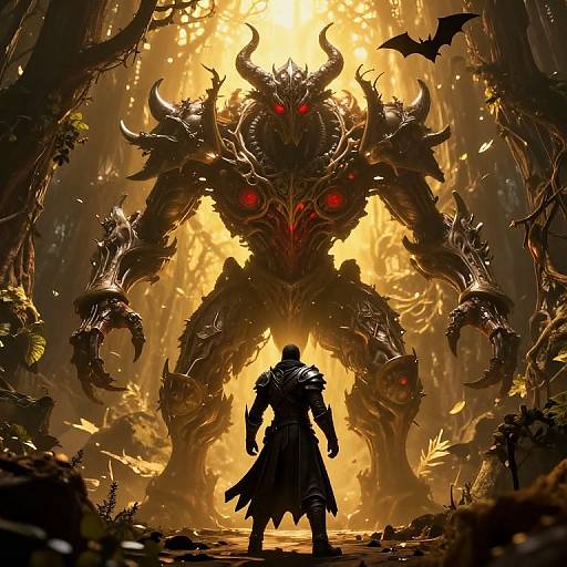 Digital artwork: Dark, silhouetted warrior faces towering, demonic, horned creature with glowing red eyes in fiery, cavernous landscape. Dram
