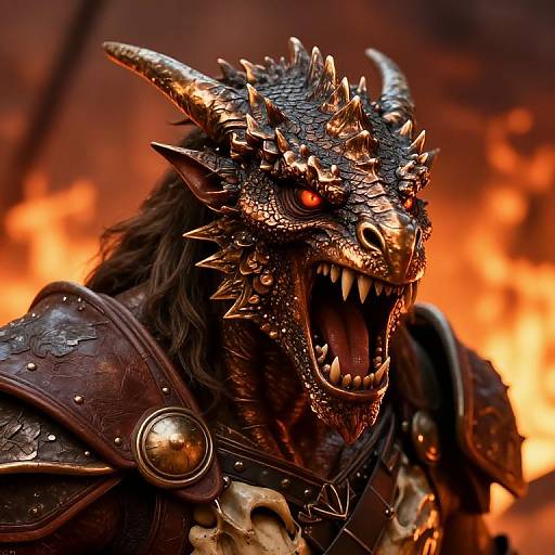 Digital artwork of a fierce, black-scaled dragon warrior with glowing red eyes, sharp horns, and open mouth revealing sharp teeth. Wearing dark,