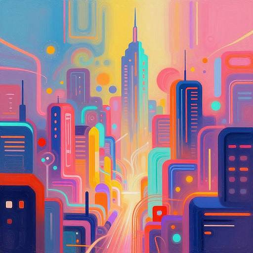 Vibrant digital artwork of a futuristic cityscape with neon-colored skyscrapers, glowing lights, and abstract shapes in blue, pink, yellow,