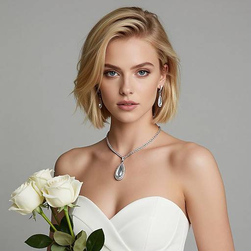 Photograph of a blonde woman with blue eyes, wearing a strapless white dress, holding white roses, silver necklace, and earrings, against a gray