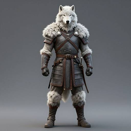 CGI image of a muscular, anthropomorphic white wolf in medieval armor with fur trim, standing against a gradient blue-gray background.