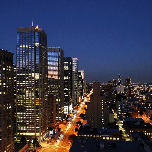 Nighttime City Skyline with Light Trails