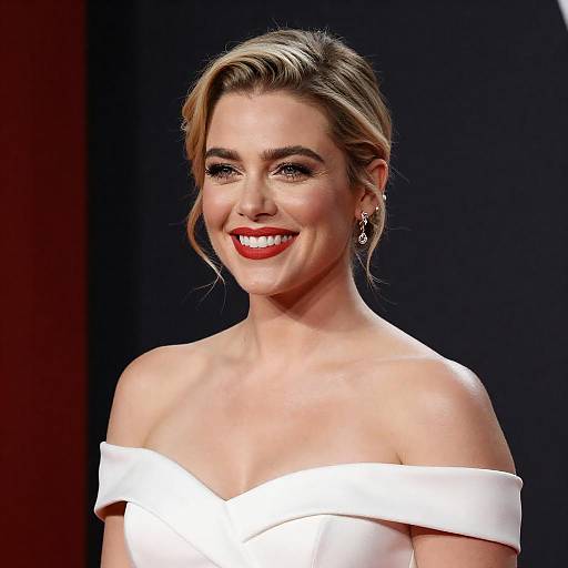 Smiling Blonde in White Off-Shoulder Dress