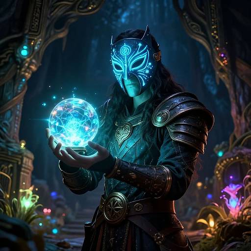 Magical forest scene: armored figure with glowing blue mask holds radiant, glowing orb, surrounded by ethereal lights and mystical plants.