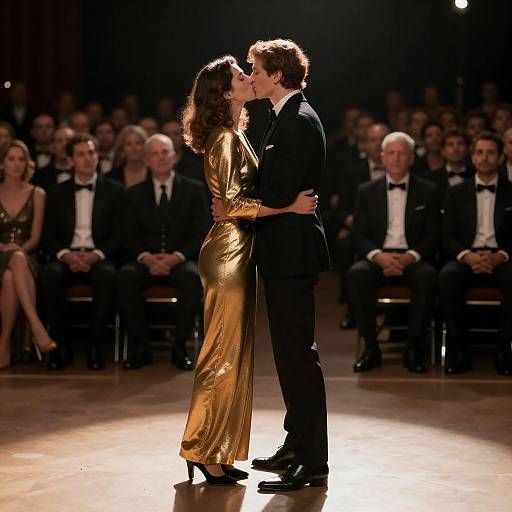 Intimate Kiss in Spotlight with Crowd