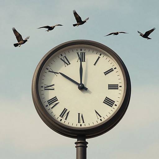 Photograph of a round, black-framed clock with Roman numerals, showing 10:10, against a blue sky, with five birds flying