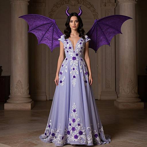 Photograph of a woman with dark curly hair, purple dragon wings, and horns, wearing a lavender gown with white floral embroidery, standing in a dim