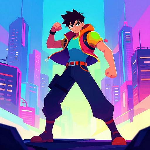 Digital anime-style illustration of a muscular, black-haired boy in a neon cityscape. He wears a yellow-green shirt, red vest, black pants,