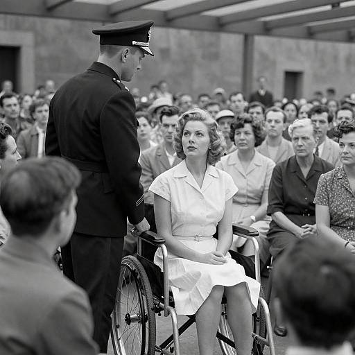 1950s Woman in Wheelchair and Military Officer in Black and White