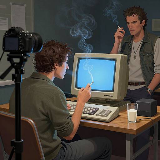 Photograph of two men smoking in a dimly lit room; one sits at an old computer, the other stands nearby, both wearing casual clothes,