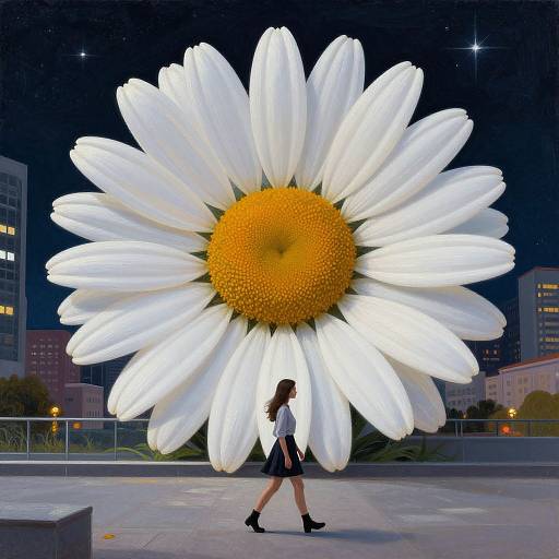 Photograph of a woman in school uniform walking past a giant, illuminated white daisy with a yellow center, at night, in an urban setting.