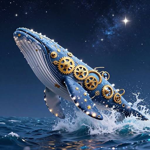 Digital art of a blue whale with golden gears and stars, emerging from dark blue ocean, under a starry night sky.