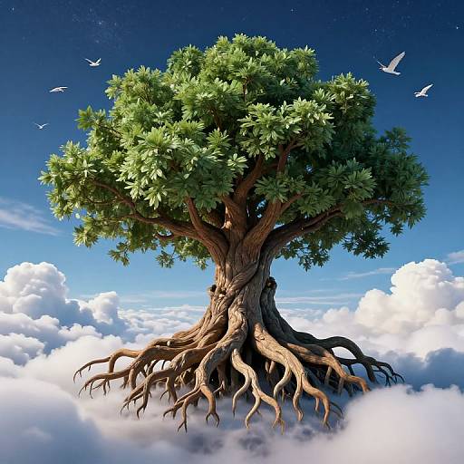 Digital artwork of a majestic, green-leaved tree with sprawling roots floating above fluffy clouds, under a vibrant blue sky with white birds in flight.