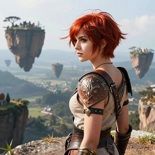 CGI image of a red-haired woman with short hair, wearing armored shoulder pads, standing in a fantasy landscape with floating islands.