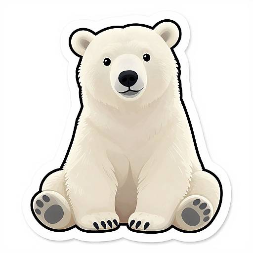 Digital illustration of a cute, chubby, white cartoon polar bear sitting with black eyes, nose, and paw pads, on a plain white background.