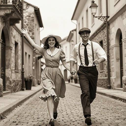 Black-and-white photograph of a smiling couple walking hand-in-hand down a cobblestone street in an old European town, both wearing vintage attire.