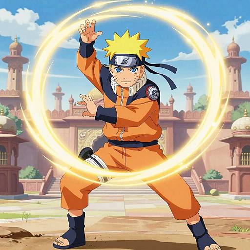 Digital anime-style drawing of Naruto, wearing orange ninja outfit and headband, creating a glowing circular aura in a sunlit, temple courtyard.